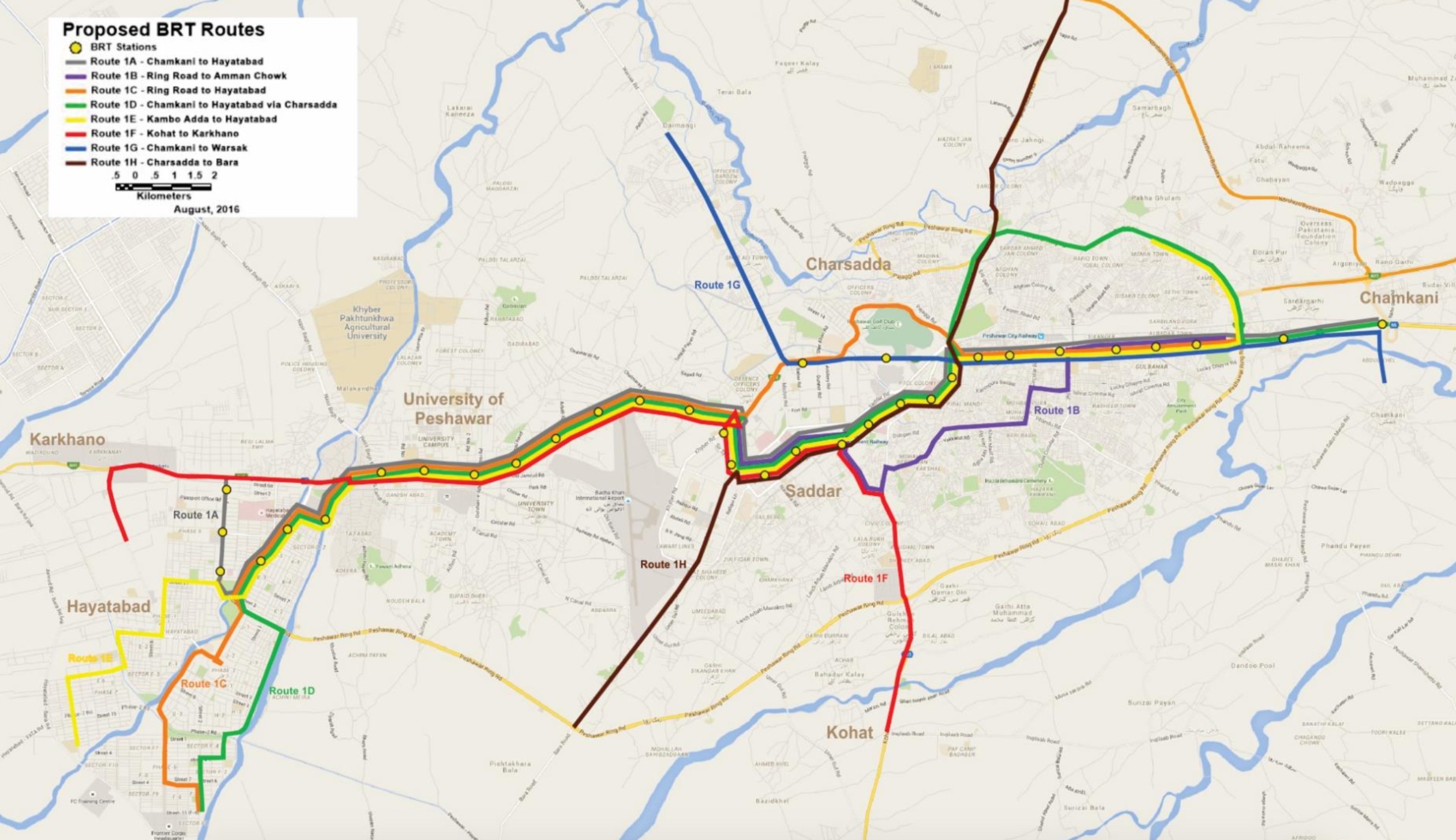 Peshawar Rapid Bus Transit Route Map | BRT Corridor and Feeder Routes